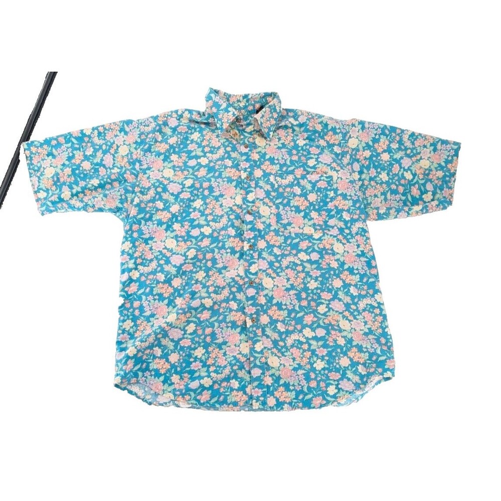 TANGO by Max Raab Blue Colorful Floral Print Shirt Button Front Blue Size Large